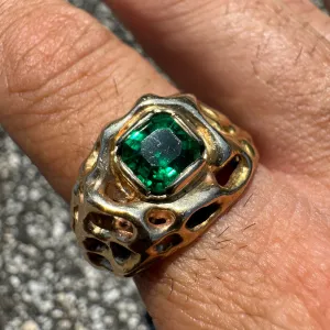 Vintage Solid 14k Yellow Gold Custom 1.0ct Emerald Heavyweight Honeycomb Brutalist Ring (10)