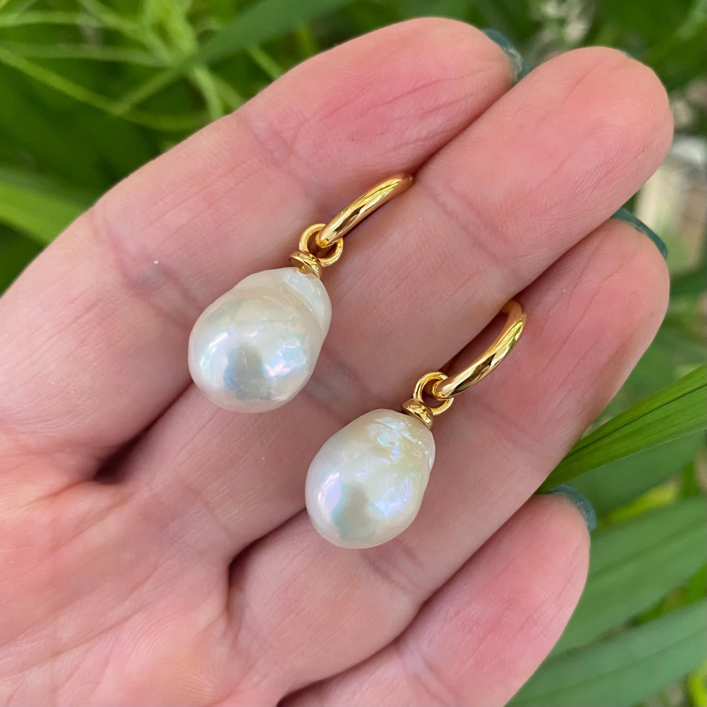 White Baroque Pearl Dangle Earrings, Gold