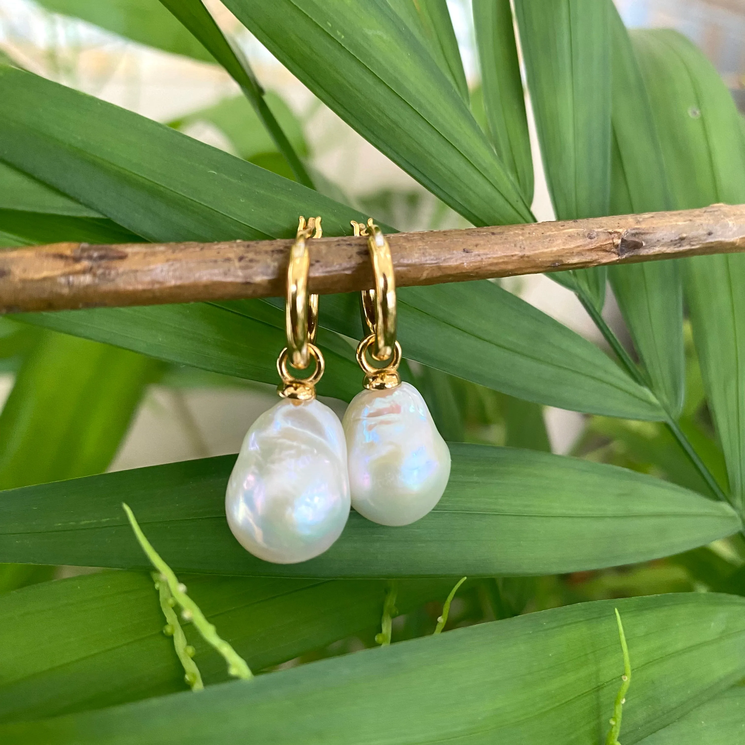 White Baroque Pearl Dangle Earrings, Gold