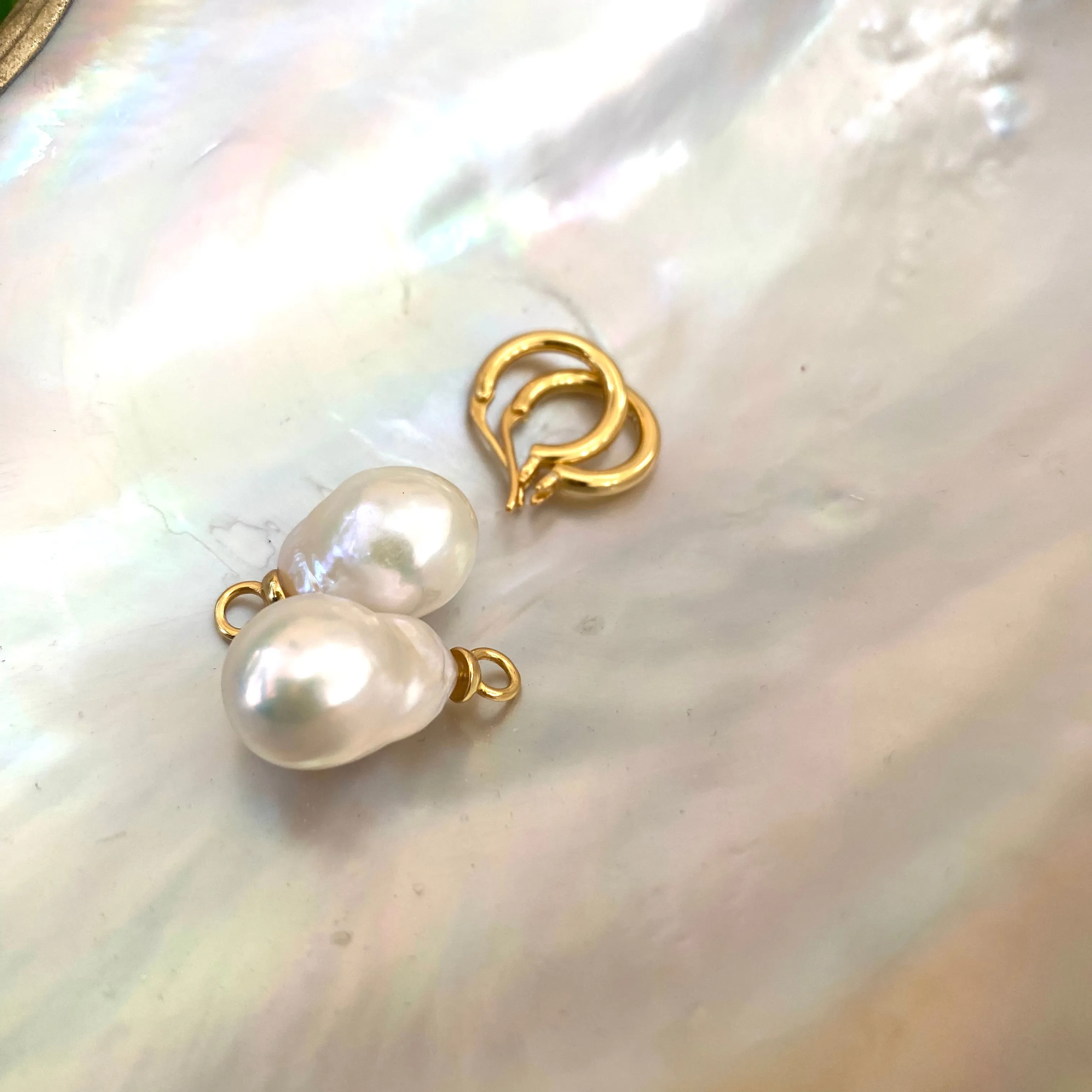 White Baroque Pearl Dangle Earrings, Gold