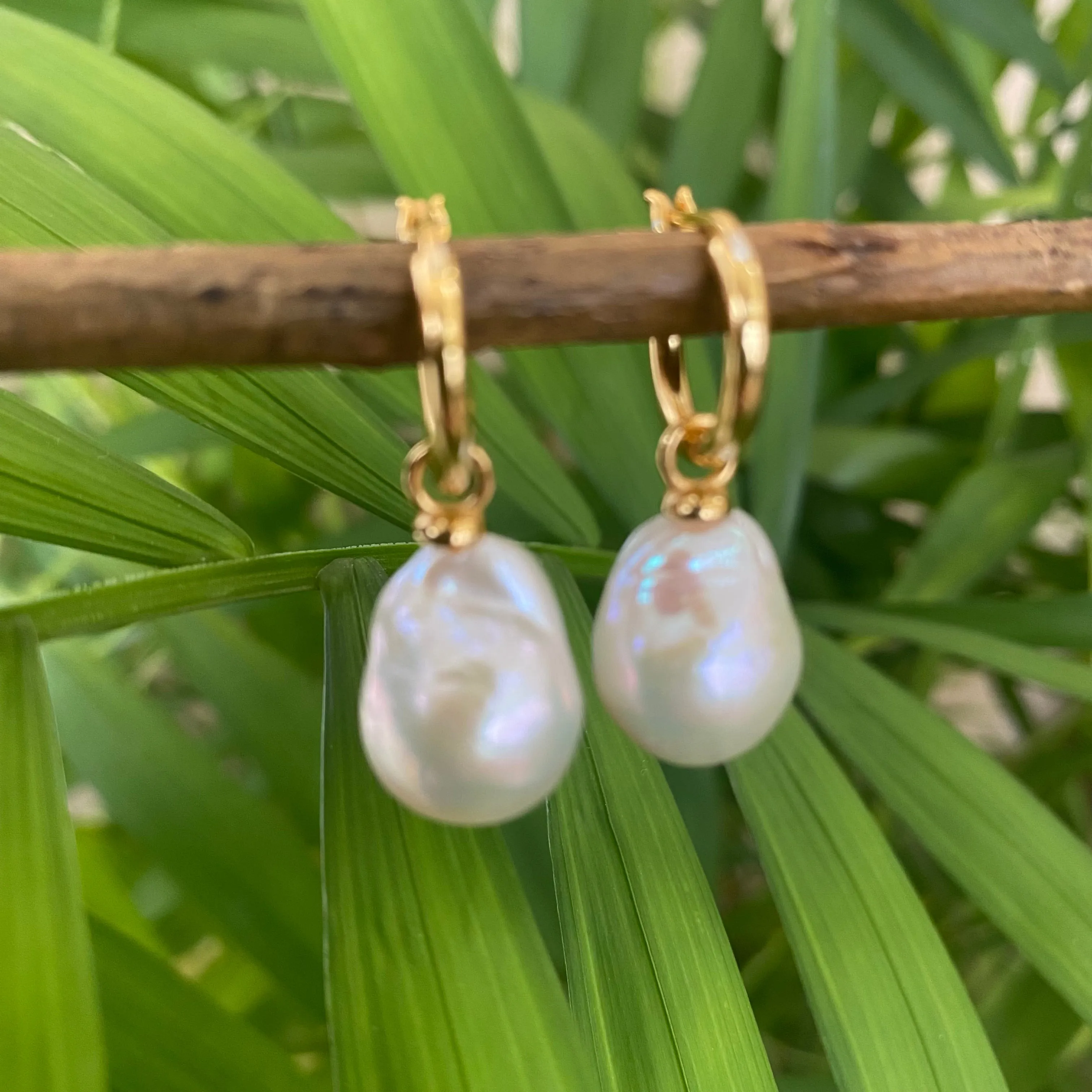 White Baroque Pearl Dangle Earrings, Gold