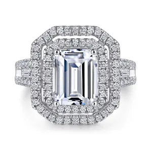 White Gold Emerald Cut Diamond Halo Engagement Ring