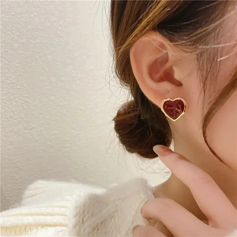 Women Enamel Red 18K Gold Stud Earrings