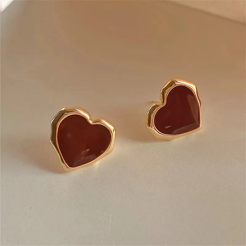 Women Enamel Red 18K Gold Stud Earrings