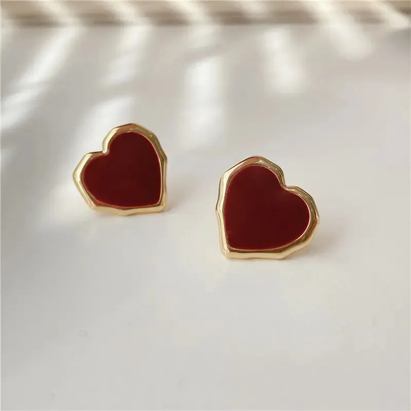 Women Enamel Red 18K Gold Stud Earrings