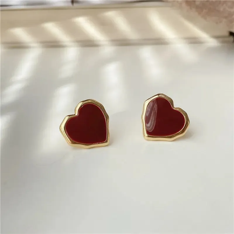 Women Enamel Red 18K Gold Stud Earrings