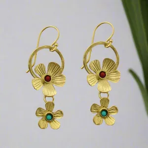 Yellow 14K Gold Floral Earrings - Coral Flower.