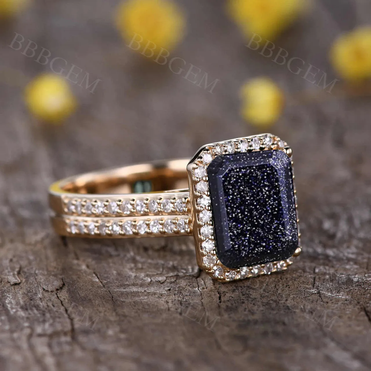 Yellow Gold Blue Sandstone Diamond Ring 8x10mm Emerald Cut Diamond Halo Ring
