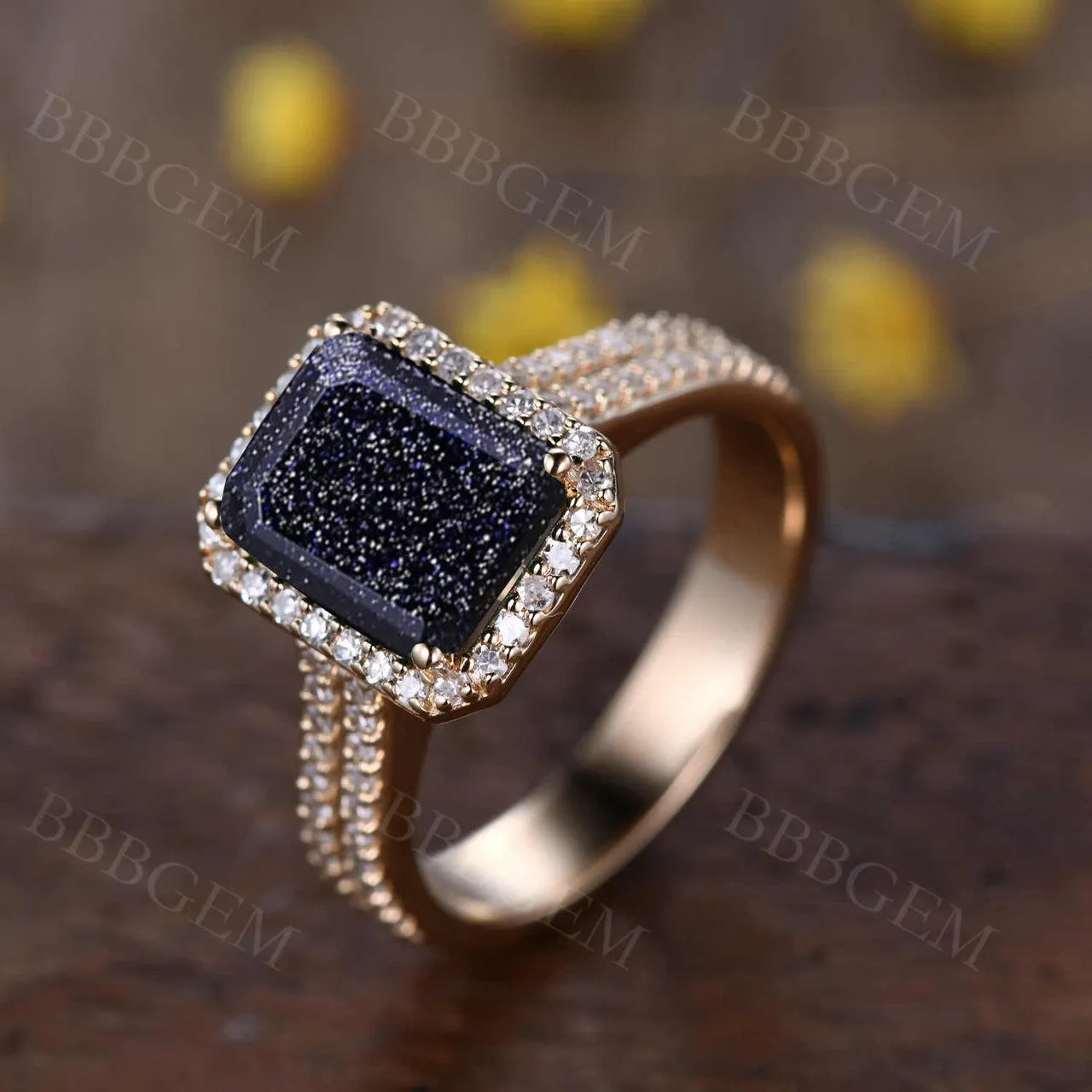 Yellow Gold Blue Sandstone Diamond Ring 8x10mm Emerald Cut Diamond Halo Ring