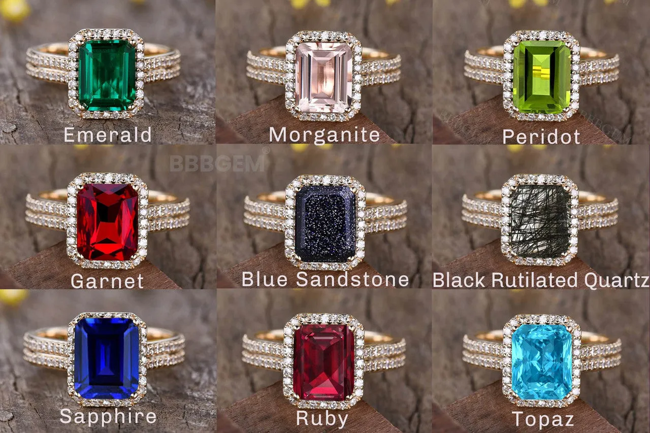 Yellow Gold Blue Sandstone Diamond Ring 8x10mm Emerald Cut Diamond Halo Ring