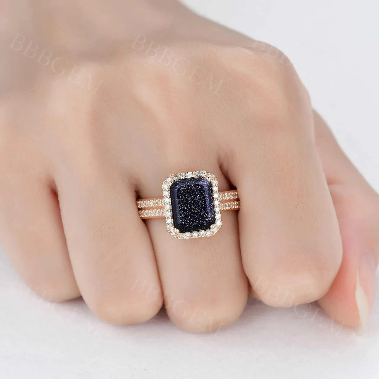 Yellow Gold Blue Sandstone Diamond Ring 8x10mm Emerald Cut Diamond Halo Ring
