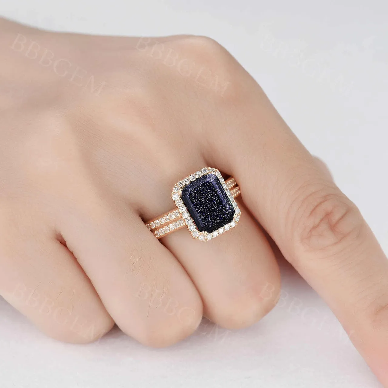 Yellow Gold Blue Sandstone Diamond Ring 8x10mm Emerald Cut Diamond Halo Ring