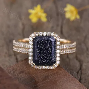 Yellow Gold Blue Sandstone Diamond Ring 8x10mm Emerald Cut Diamond Halo Ring